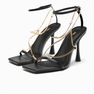Zara Chain Trim Heeled Leather Sandals